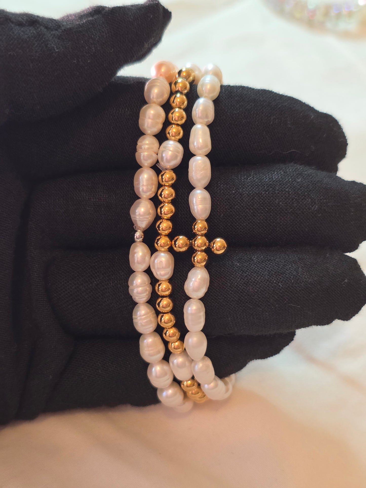 Set of 3 Golden Pearl Charm Bracelets – 18K Gold Plated | Elastic Fit | Miyuki Beads