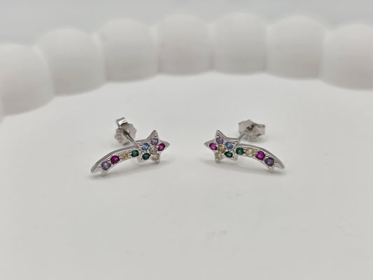 925 Sterling Silver Shooting Star Stud Earrings – Enamel Rainbow Gem Detail | Hypoallergenic Gift for Girls, Teens & Women
