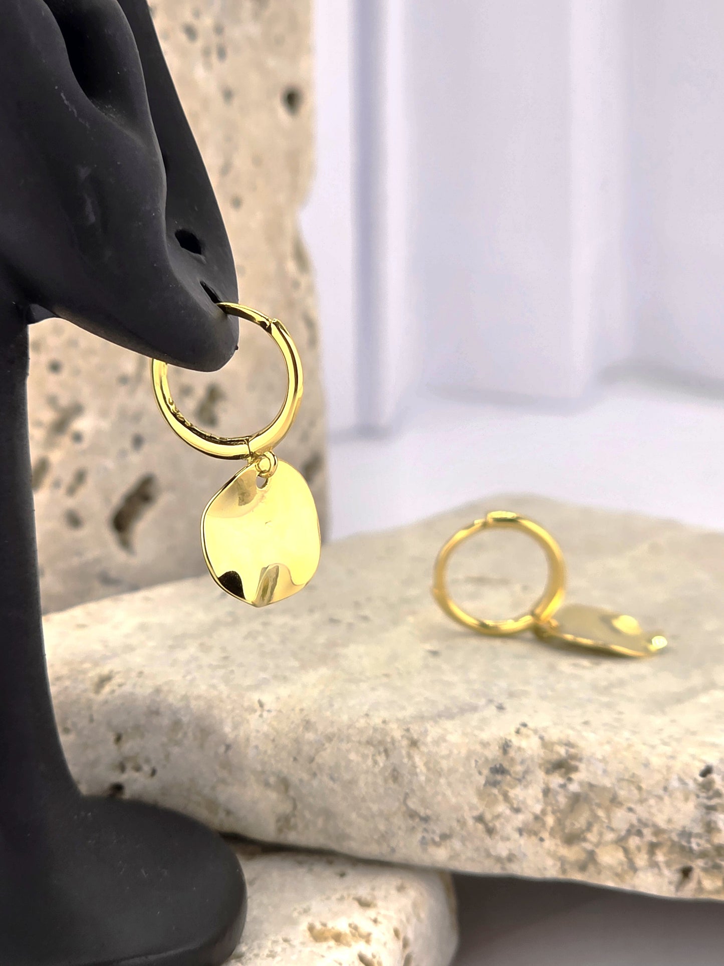 18K Gold Plated 925 Sterling Silver Hammered Disc Hoops