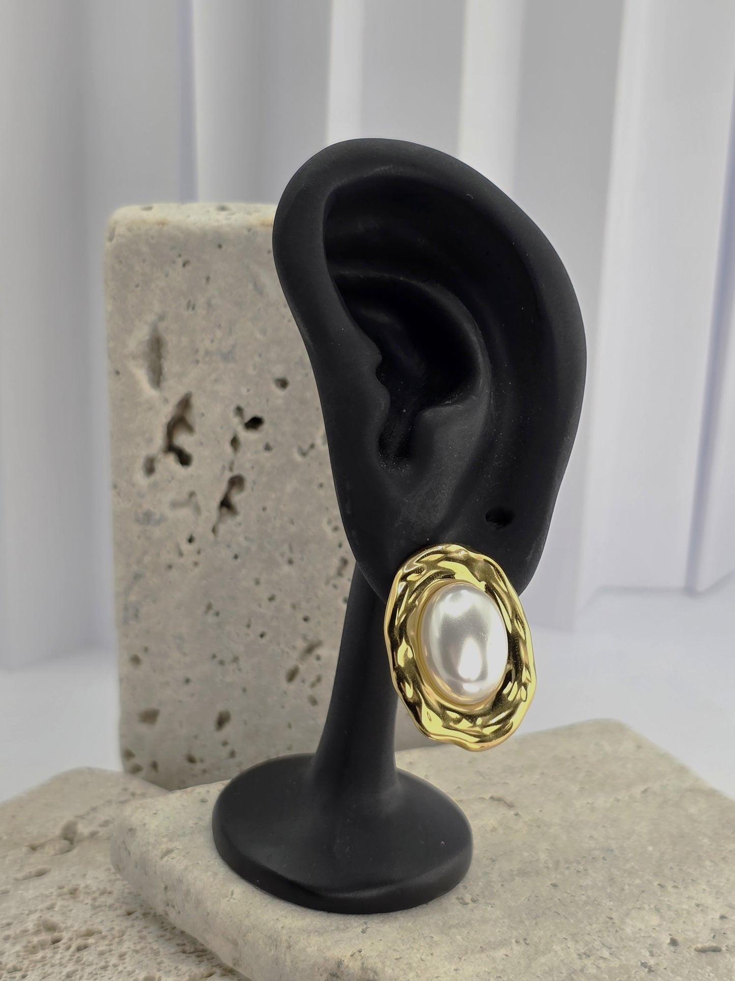 Gold Oval Pearl Statement Earrings