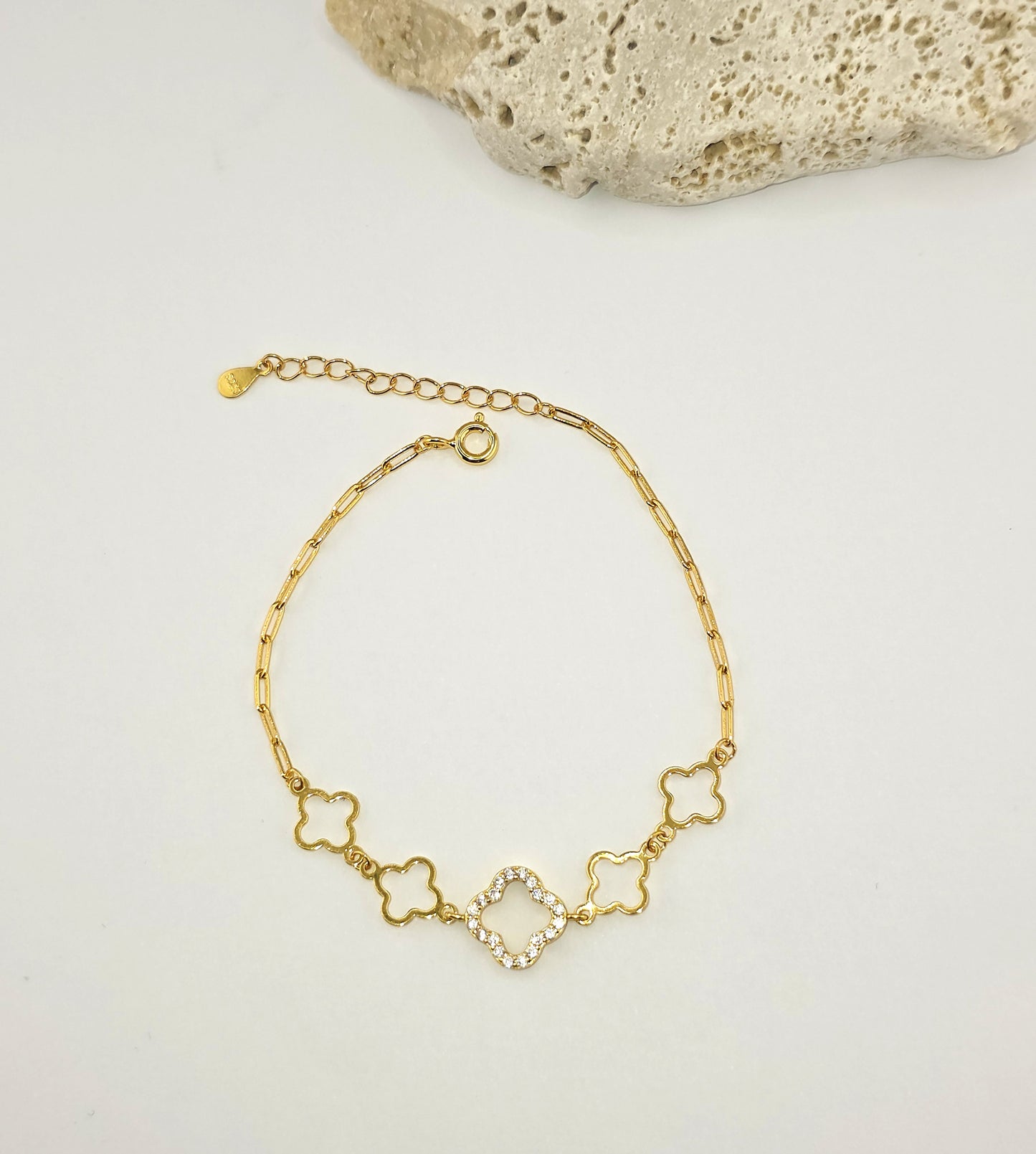 925 Sterling Silver Clover Link Bracelet – 14K Gold Plated