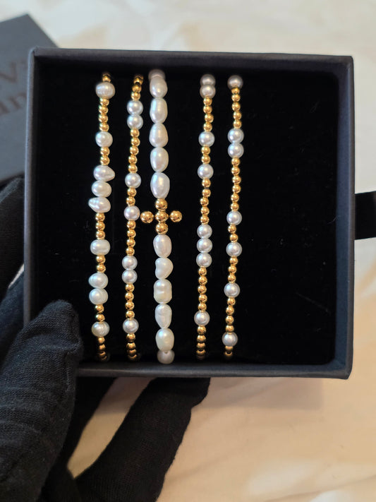 Set of 5 Golden Pearl Charm Bracelets – 18K Gold Plated | Elastic Fit | Miyuki Beads