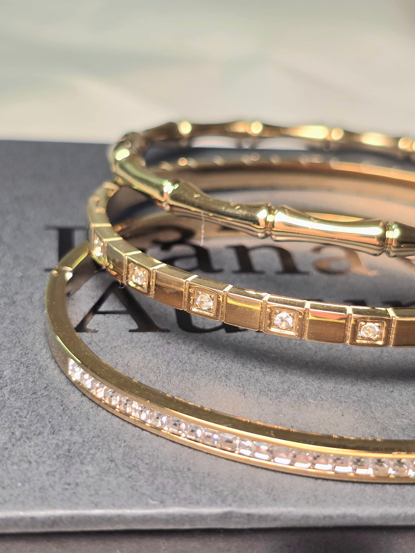 3 Bangles Set 18K Gold-Plated Stainless Steel, 16–17cm wrist