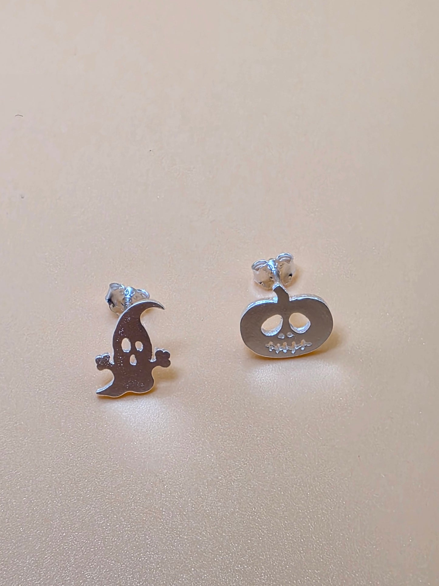 Sterling Silver Halloween Stud Earrings – Ghost & Pumpkin Duo