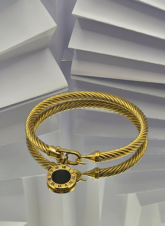 Timeless Cable Bangle – Roman Numeral Charm | Gold Plated