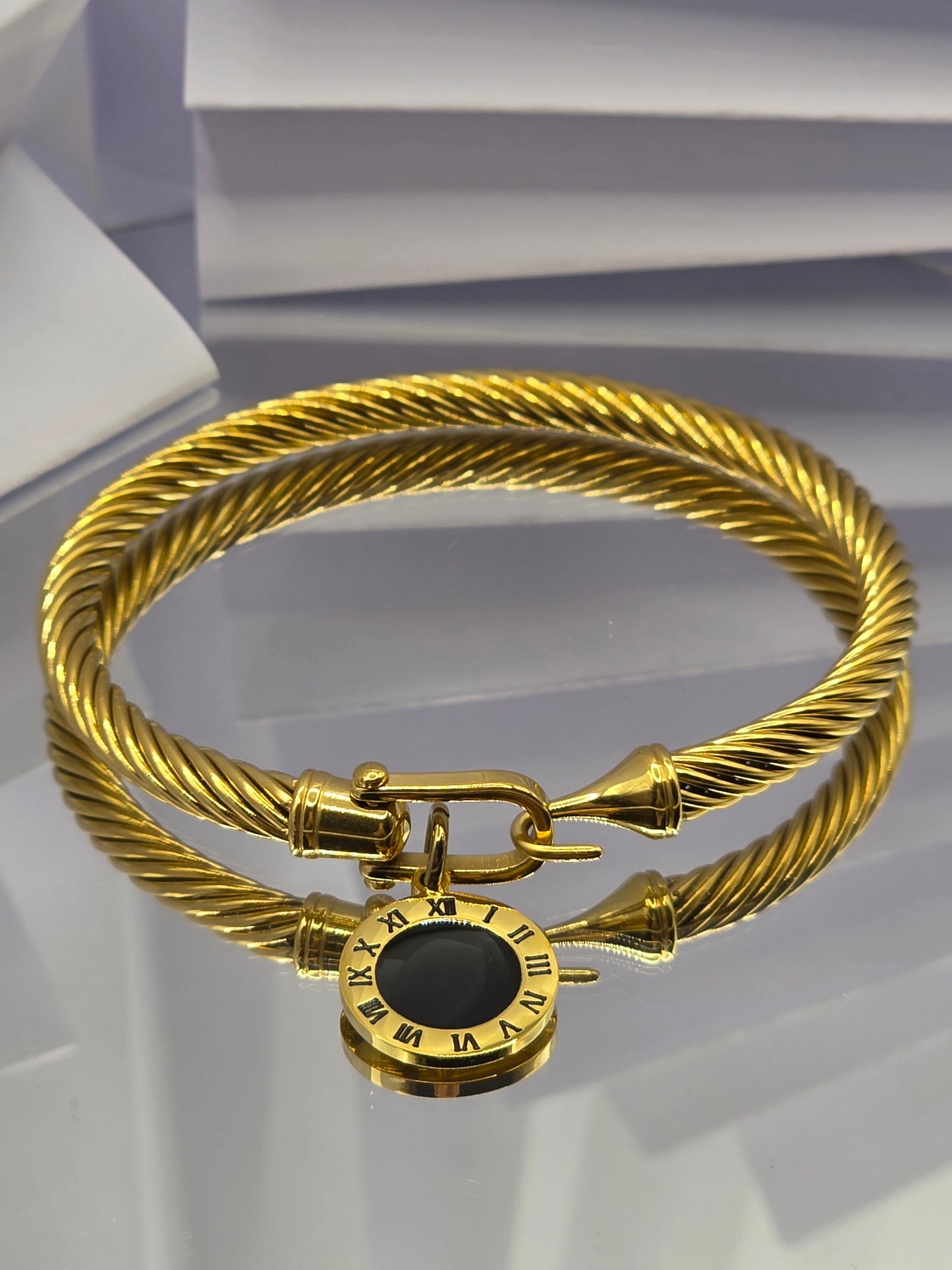 Timeless Cable Bangle – Roman Numeral Charm | Gold Plated