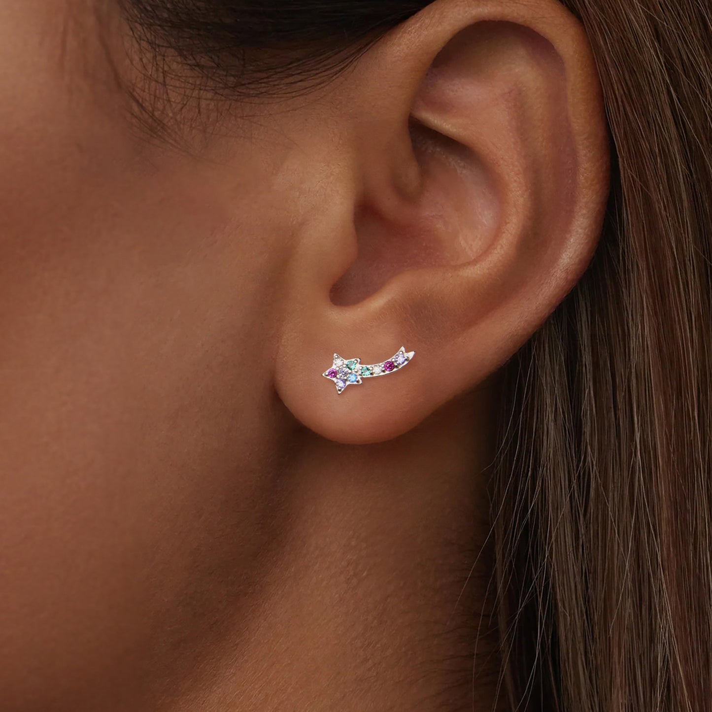 925 Sterling Silver Shooting Star Stud Earrings – Enamel Rainbow Gem Detail | Hypoallergenic Gift for Girls, Teens & Women