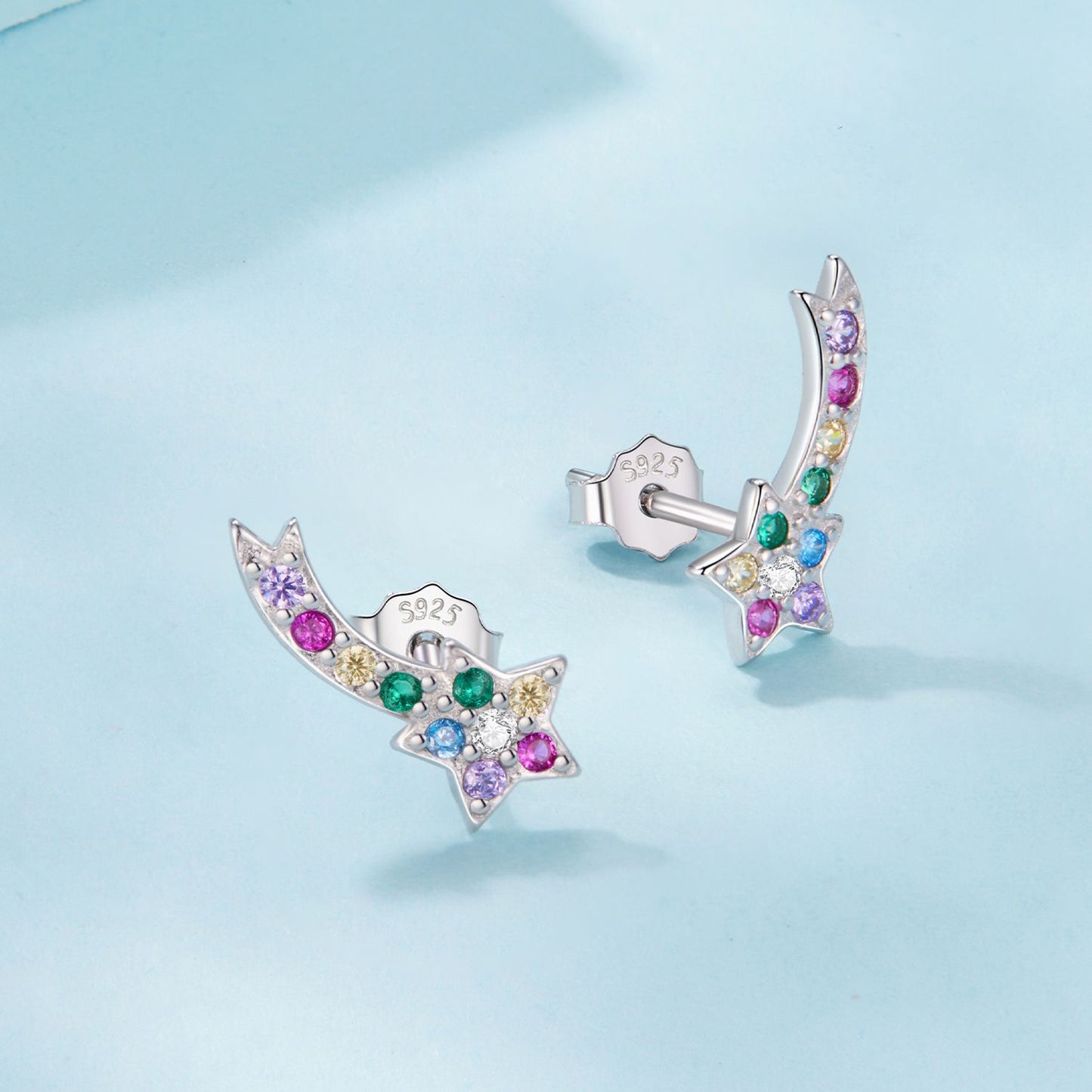 925 Sterling Silver Shooting Star Stud Earrings – Enamel Rainbow Gem Detail | Hypoallergenic Gift for Girls, Teens & Women