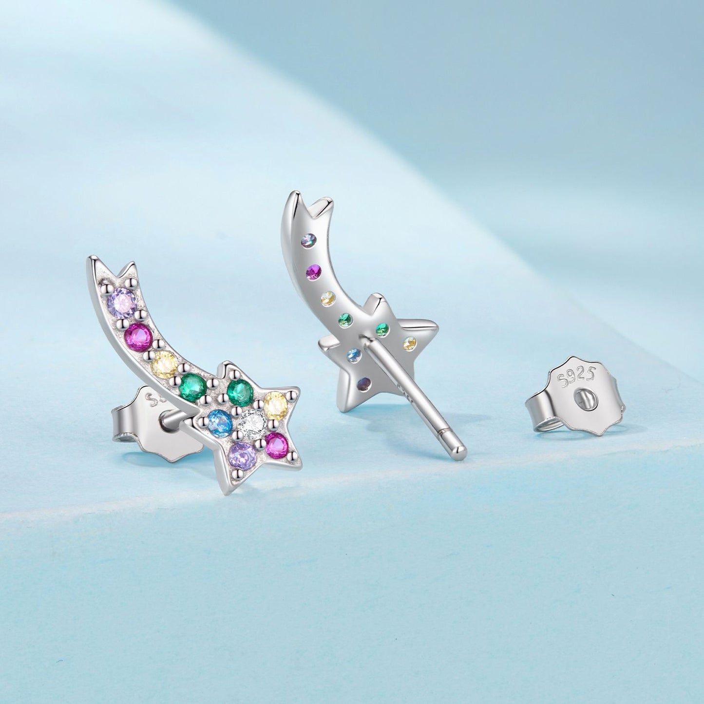 925 Sterling Silver Shooting Star Stud Earrings – Enamel Rainbow Gem Detail | Hypoallergenic Gift for Girls, Teens & Women