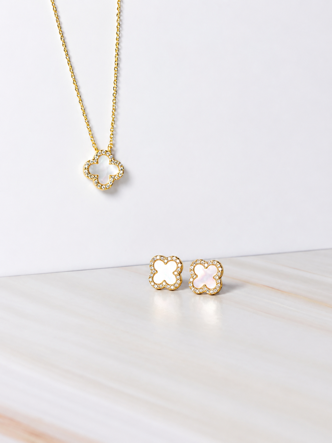 925 Sterling Silver White Clover Necklace - 14K Gold Plated