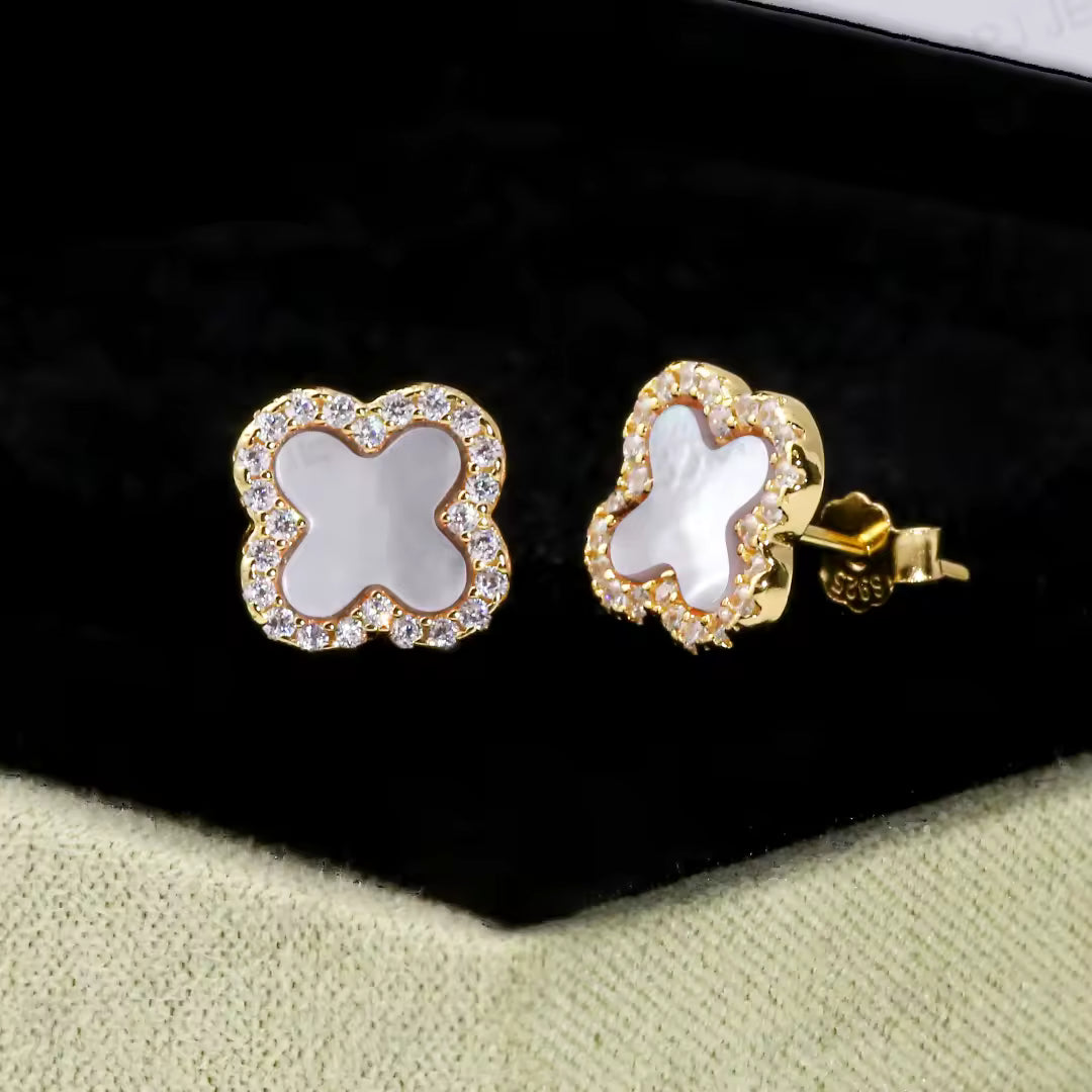925 Sterling Silver White Clover Stud Earrings – 14K Gold Plated