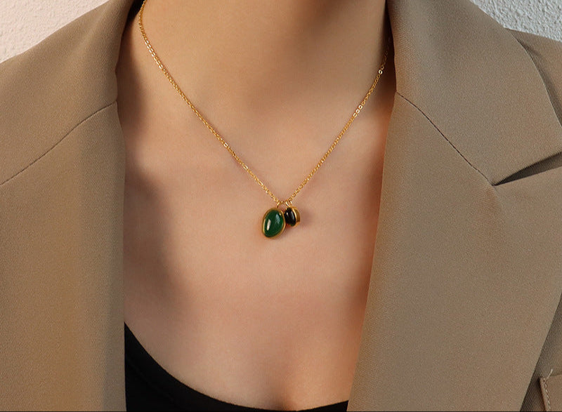 Gold-Plated Dual Gemstone Pendant Necklace – Green & Black