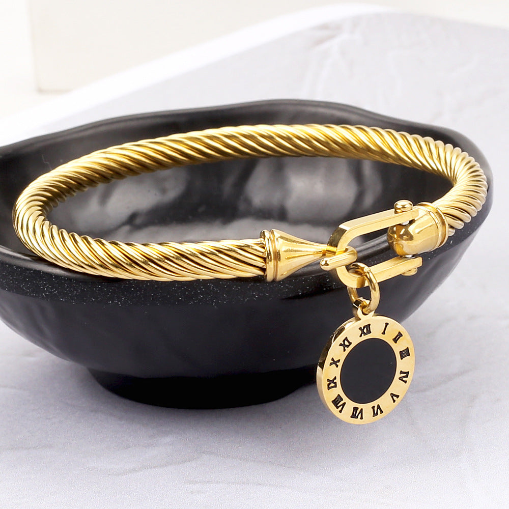 Timeless Cable Bangle – Roman Numeral Charm | Gold Plated