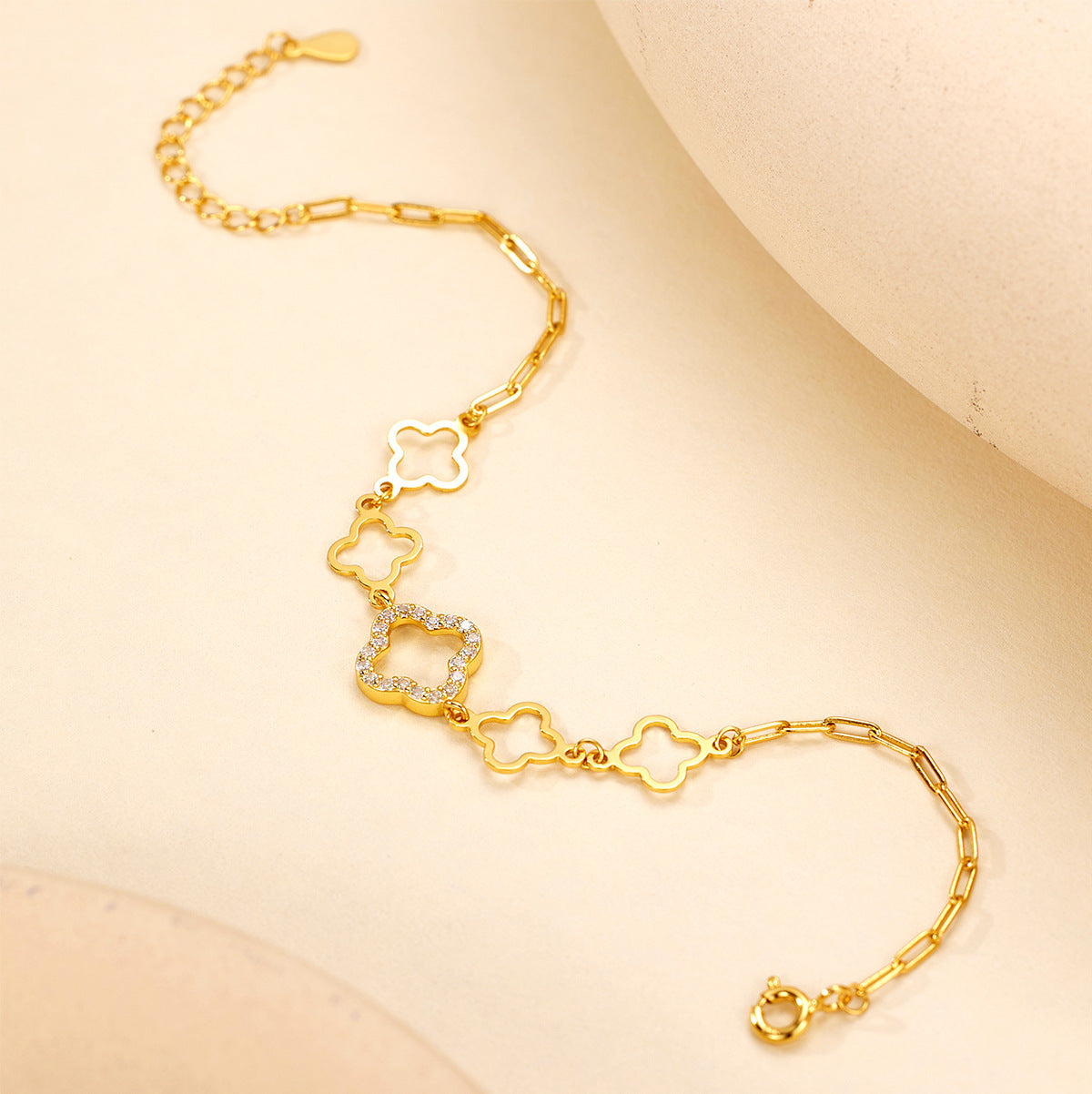925 Sterling Silver Clover Link Bracelet – 14K Gold Plated