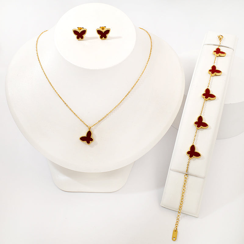 18K Gold-Plated Dark Red Butterfly Jewellery Set
