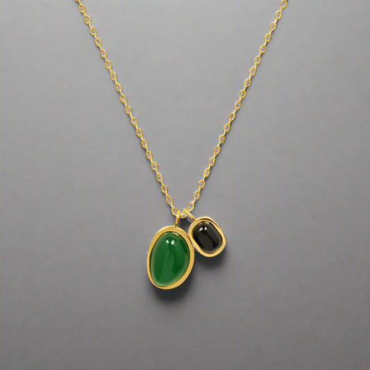 Gold-Plated Dual Gemstone Pendant Necklace – Green & Black