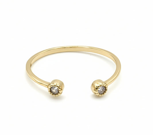 Gold ring with two round gemstones on a light gray background