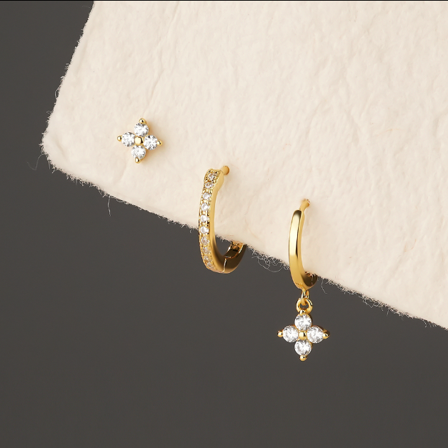 Clover Luxe – 3-Piece 18k Gold Plated 925 Sterling Silver Zircon Earring Set