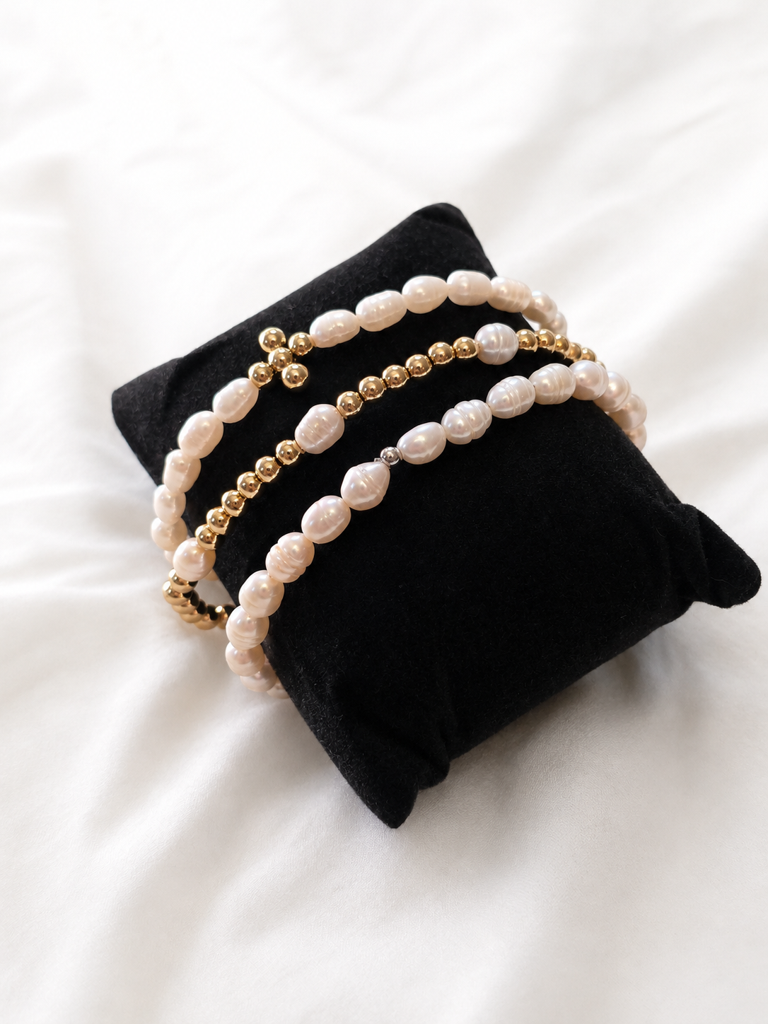 Set of 3 Golden Pearl Charm Bracelets – 18K Gold Plated | Elastic Fit | Miyuki Beads