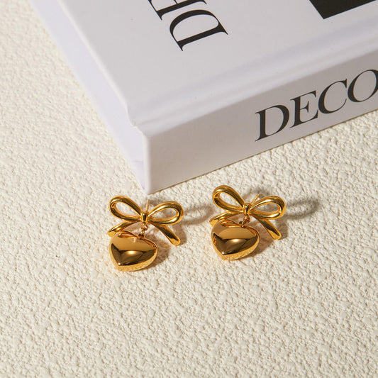 Bow Heart Drop Earrings – Gold Tone