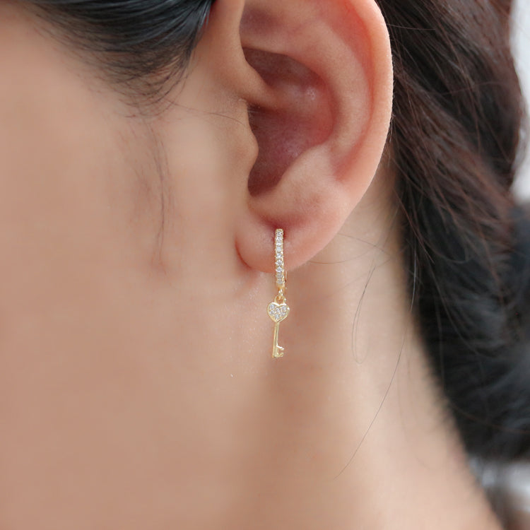925 Sterling Silver Key Mini Hoops