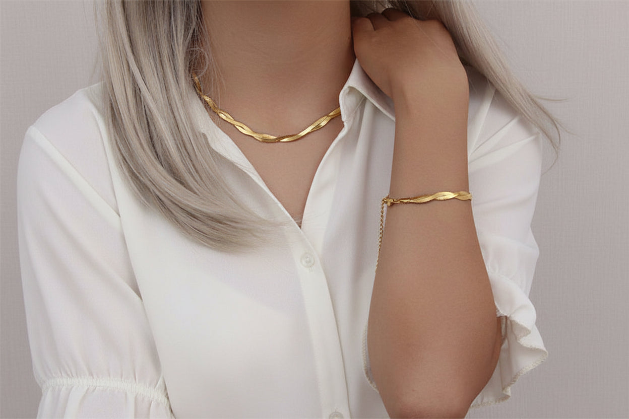 Twisted Herringbone Choker – Gold Tone