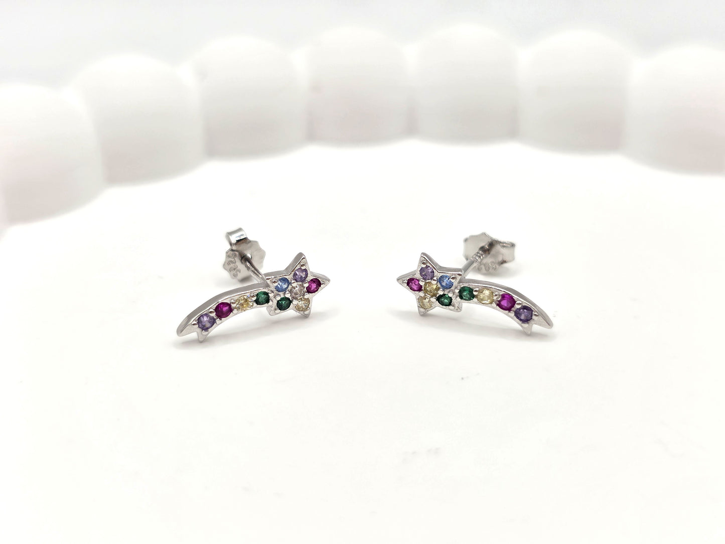 925 Sterling Silver Shooting Star Stud Earrings – Enamel Rainbow Gem Detail | Hypoallergenic Gift for Girls, Teens & Women