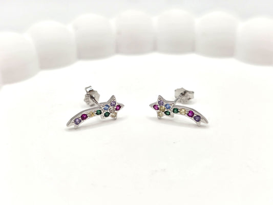 925 Sterling Silver Shooting Star Stud Earrings – Enamel Rainbow Gem Detail | Hypoallergenic Gift for Girls, Teens & Women