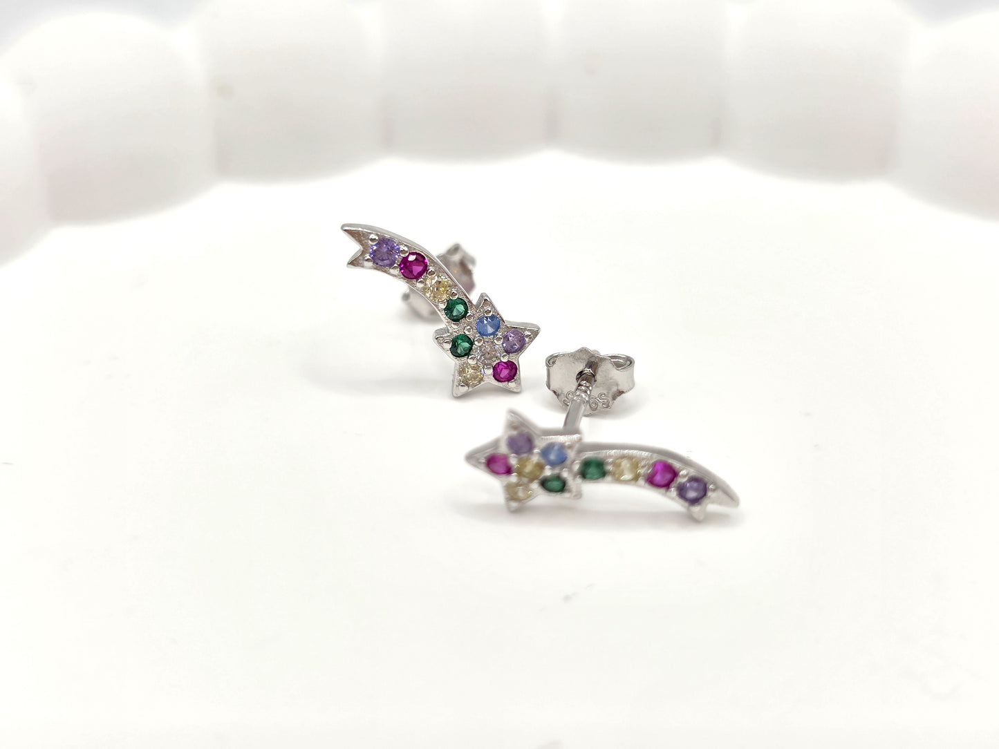 925 Sterling Silver Shooting Star Stud Earrings – Enamel Rainbow Gem Detail | Hypoallergenic Gift for Girls, Teens & Women