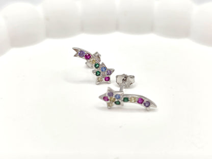 925 Sterling Silver Shooting Star Stud Earrings – Enamel Rainbow Gem Detail | Hypoallergenic Gift for Girls, Teens & Women