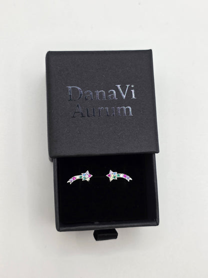 925 Sterling Silver Shooting Star Stud Earrings – Enamel Rainbow Gem Detail | Hypoallergenic Gift for Girls, Teens & Women