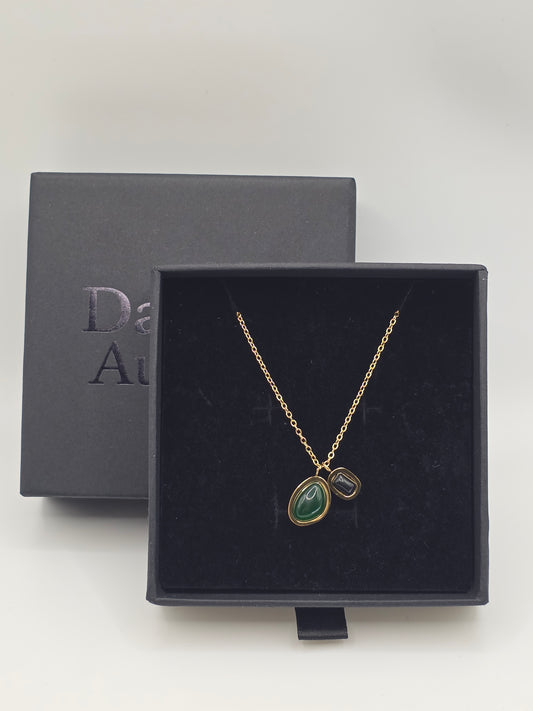 Gold-Plated Dual Gemstone Pendant Necklace – Green & Black