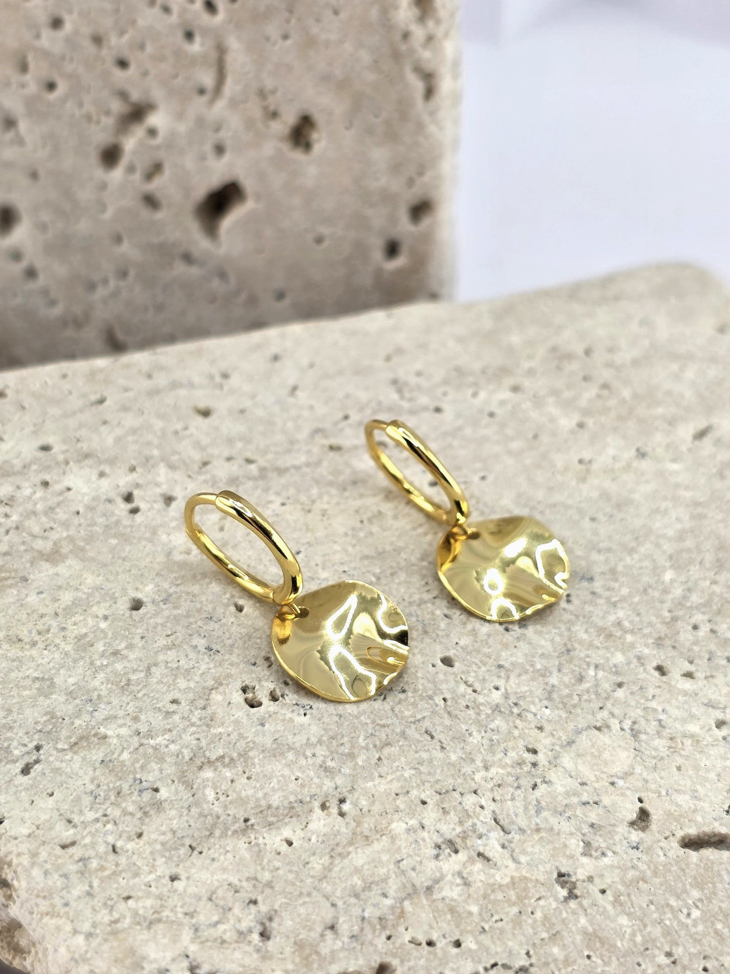 18K Gold Plated 925 Sterling Silver Hammered Disc Hoops
