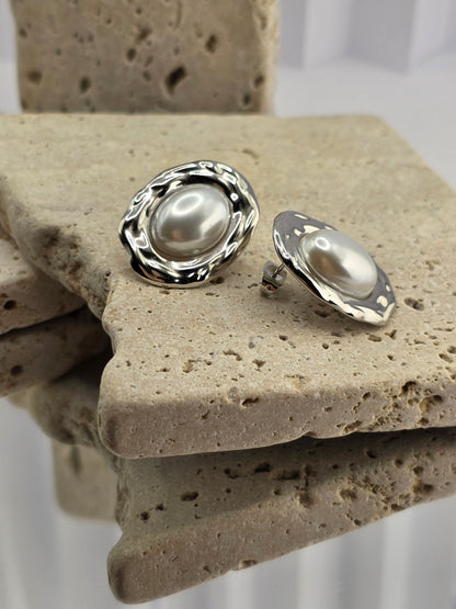 Silver Oval Pearl Statement Earrings
