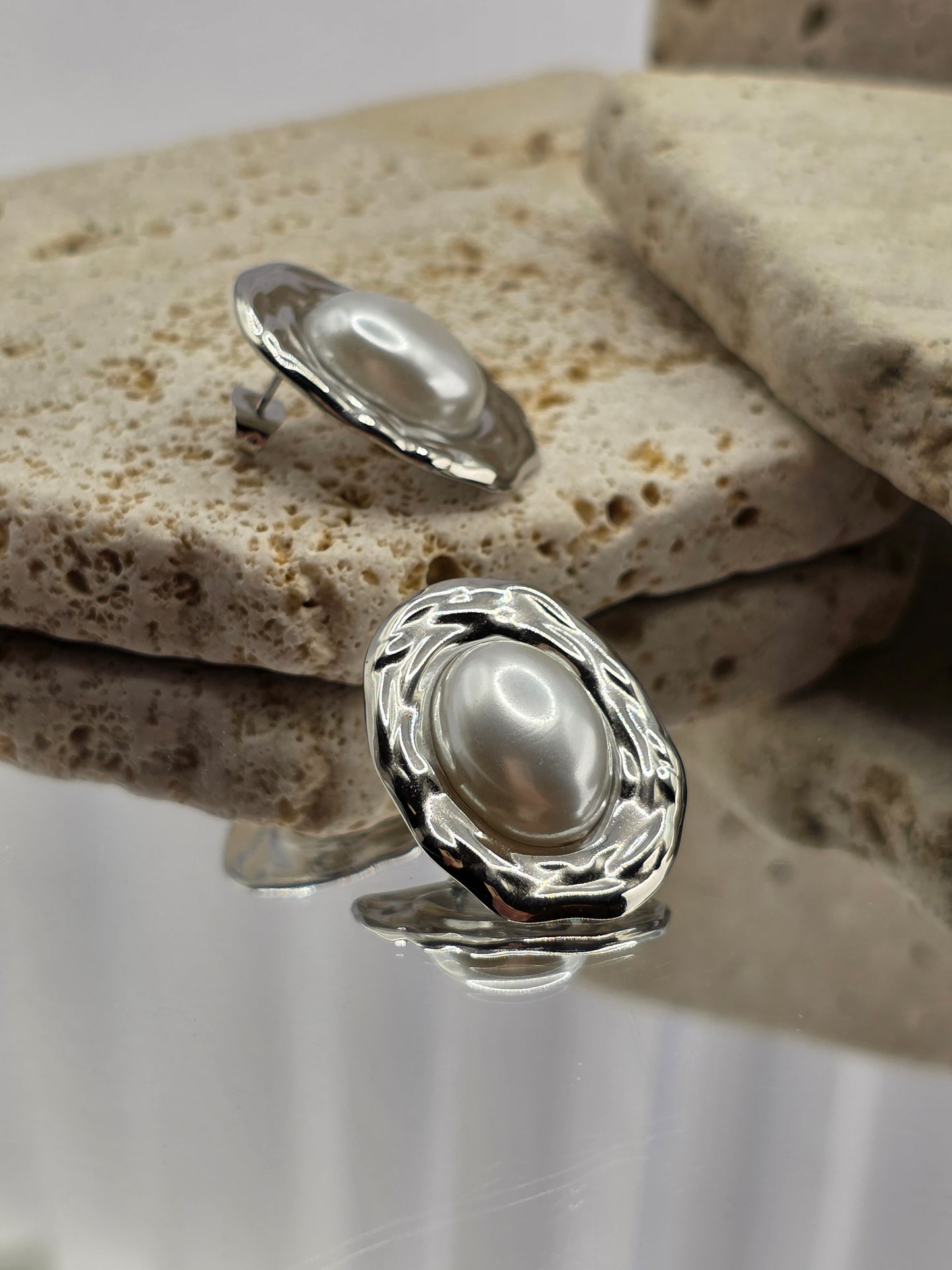 Silver Oval Pearl Statement Earrings