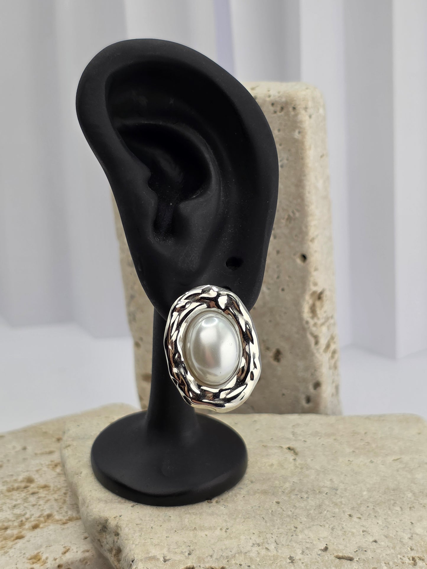 Silver Oval Pearl Statement Earrings