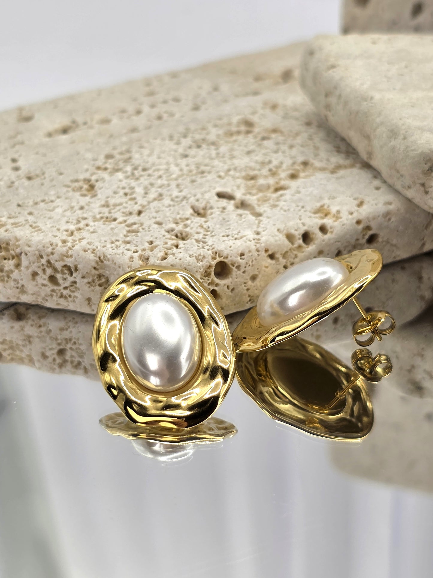 Gold Oval Pearl Statement Earrings