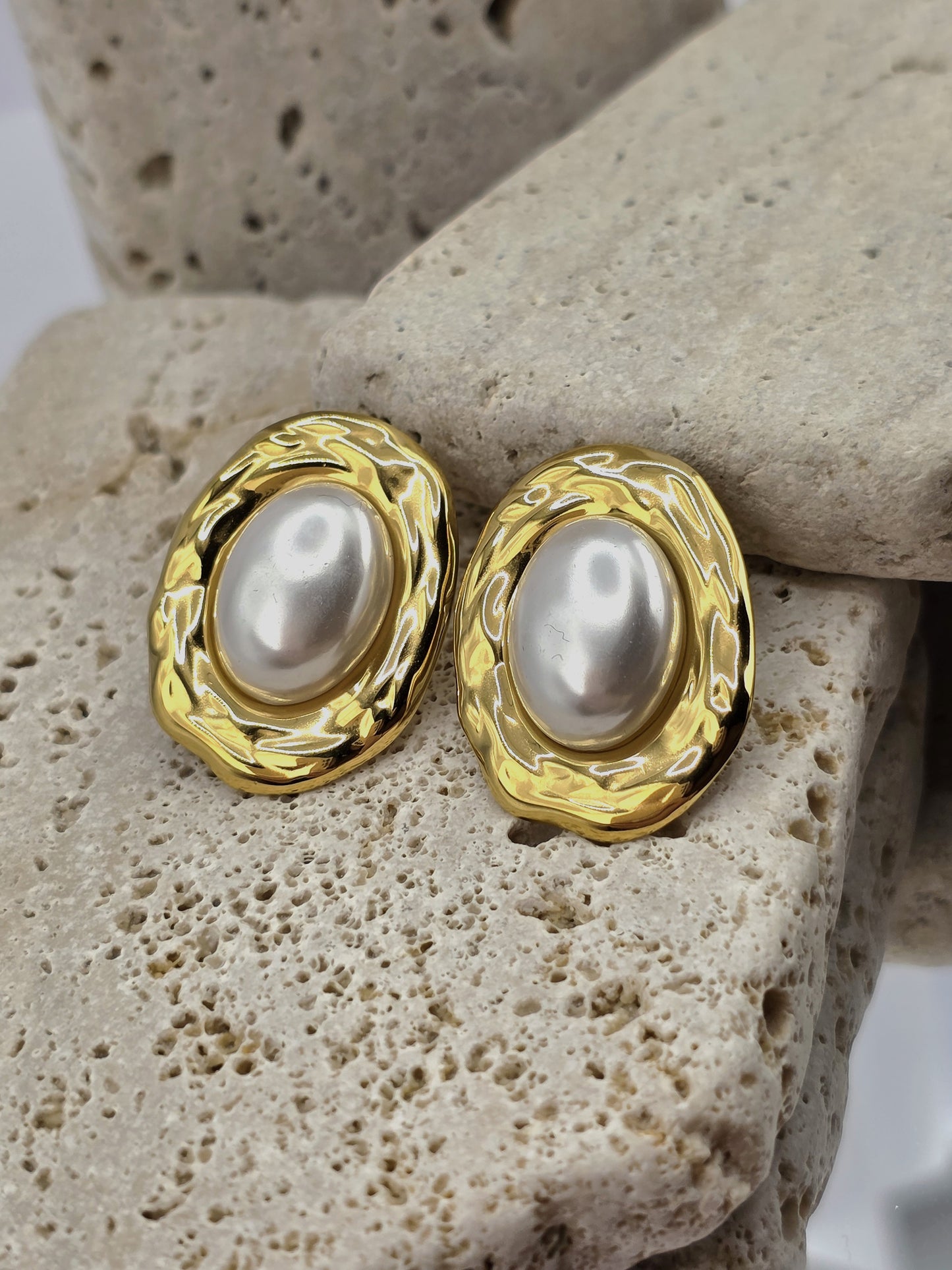 Gold Oval Pearl Statement Earrings