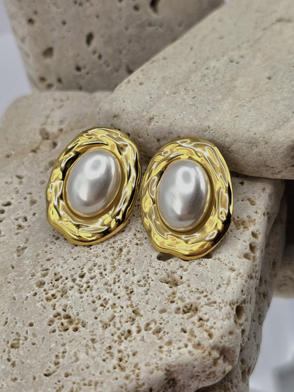 Gold Oval Pearl Statement Earrings