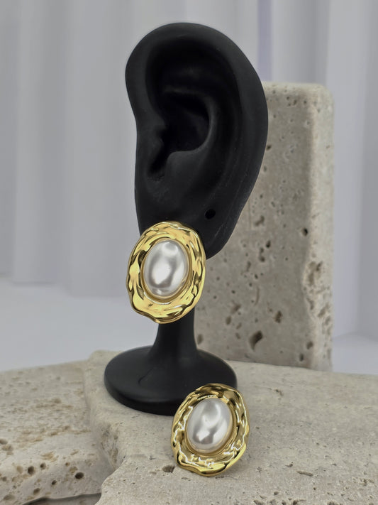 Gold Oval Pearl Statement Earrings