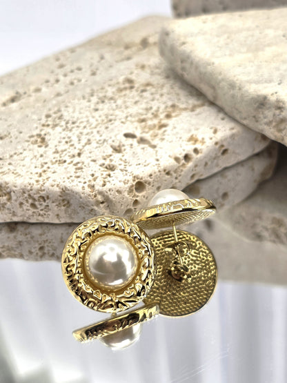 Gold Textured Pearl Stud Earrings