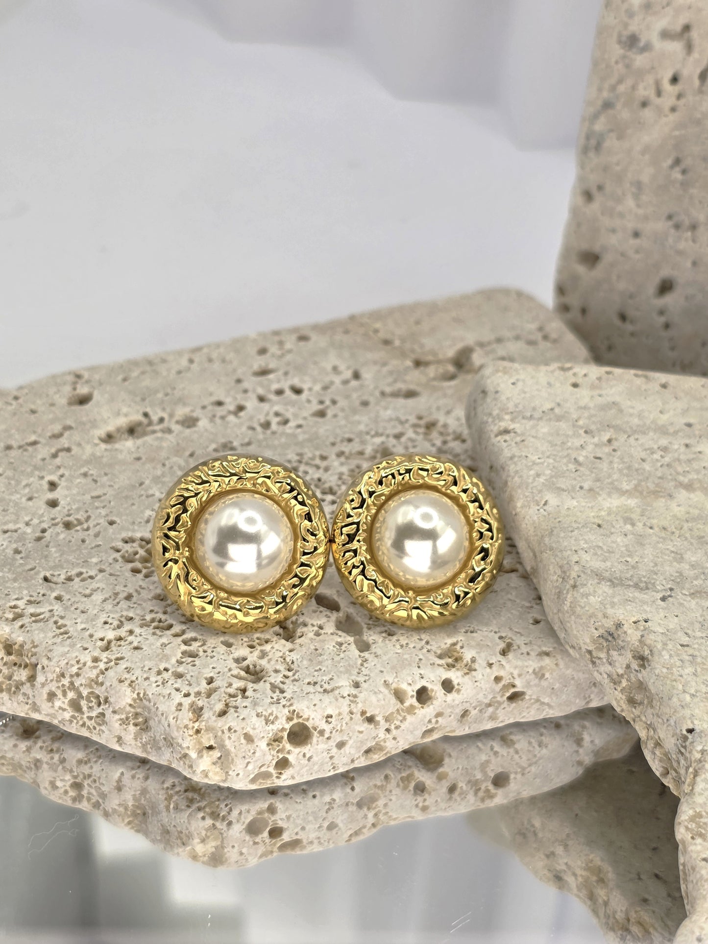 Gold Textured Pearl Stud Earrings