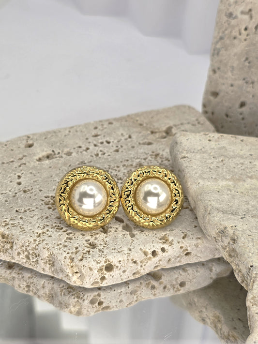Gold Textured Pearl Stud Earrings