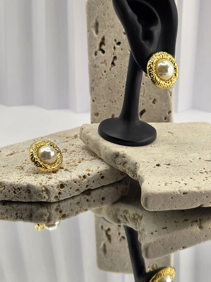 Gold Textured Pearl Stud Earrings