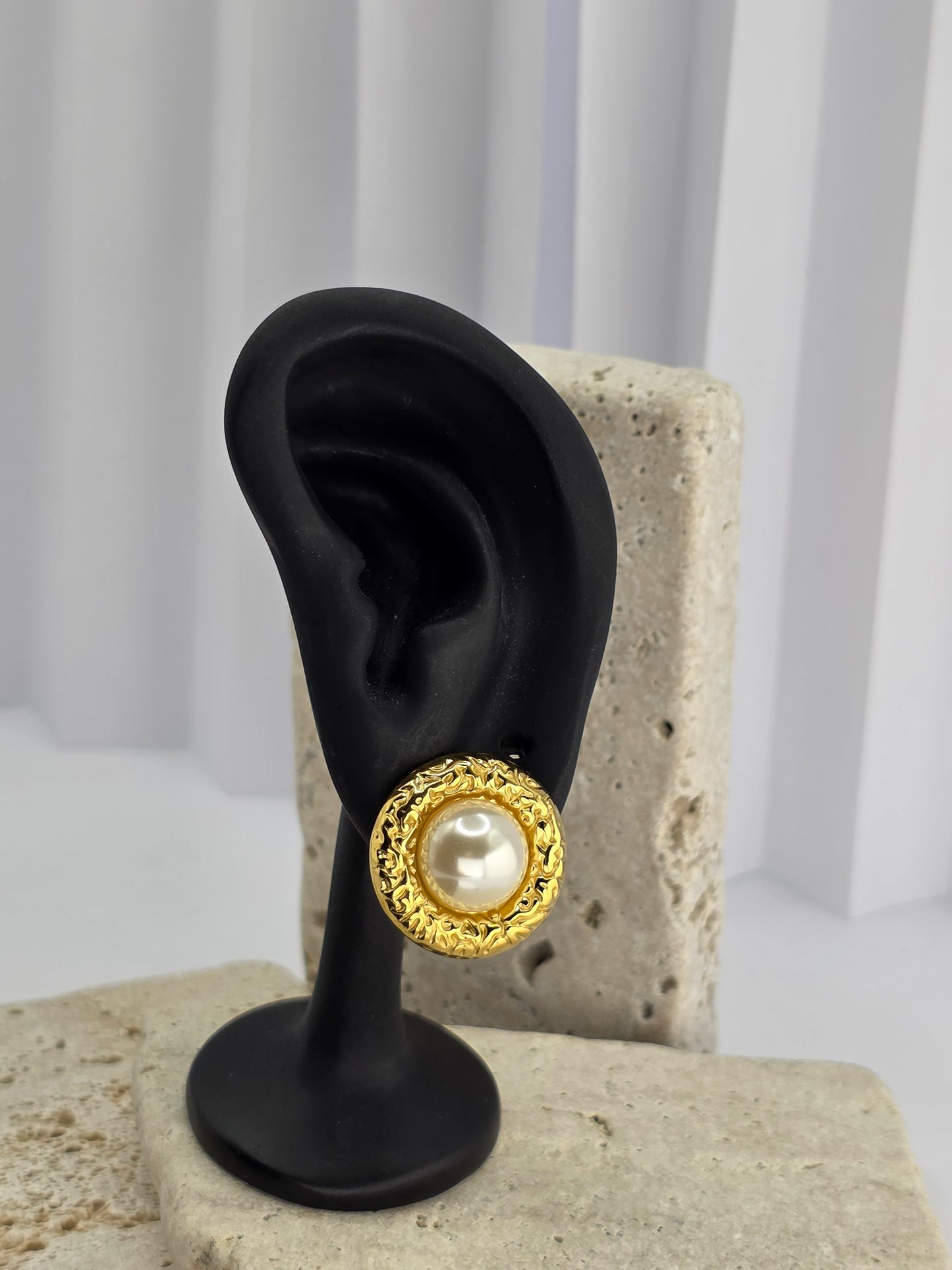 Gold Textured Pearl Stud Earrings