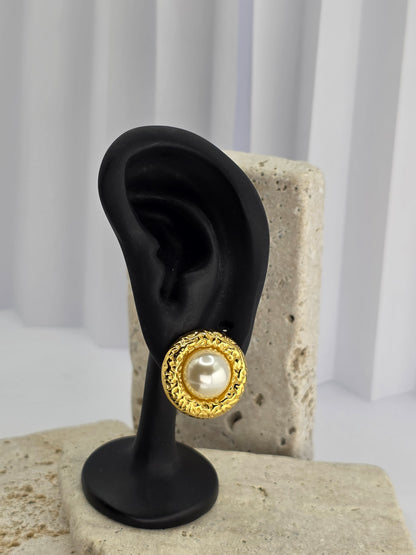 Gold Textured Pearl Stud Earrings