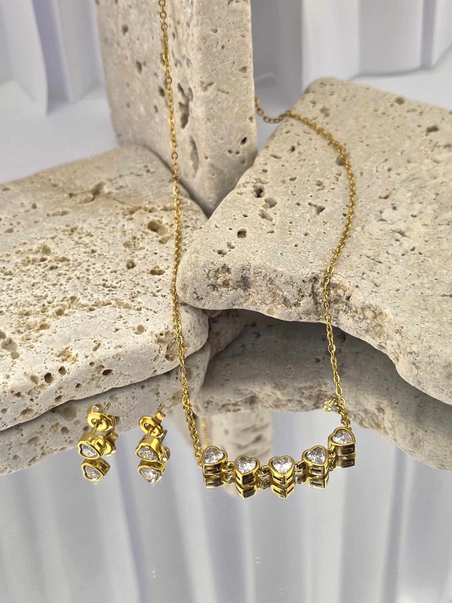 18K Gold-Plated White Heart Necklace & Earring Set