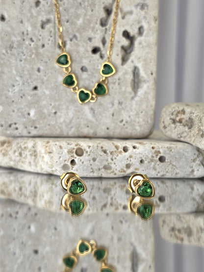 18K Gold-Plated Green Heart Necklace & Earring Set