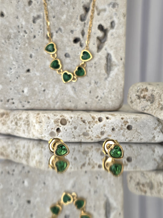 18K Gold-Plated Green Heart Necklace & Earring Set