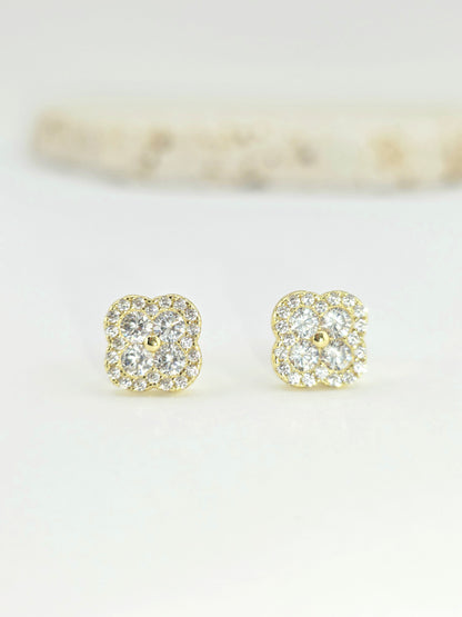 925 Sterling Silver Clover Stud Earrings – 14K Gold Plated